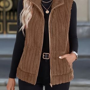 Casual kleur dames vest met rits en zakken | Pluche dubbelzijdig, reverskraag, herfst/winter seizoen