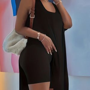 Plus Size, Plus Size Casual Twee-Delige Set, Dames Plus Size Medium Stretch Ronde Hals Split Zoom Licht Elastische Vest en Shorts Outfit