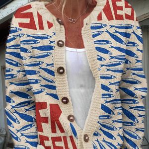 Vintage Vis & Verse Letter Print Vest - Retro Open Front Knoopontwerp, Losse Pasvorm met Wijd Uitlopende Zoom, voor Alle Seizoenen voor Vrouwen, Mode Laagstuk, Gestructureerd