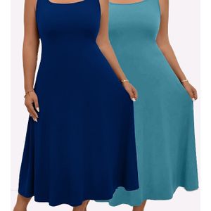 2 stuks Plus Size Elegant Midi Jurken voor Dames - Kleur, Mouwloos, A-Lijn Silhouette, Lichtgewicht Polyester, Perfect voor Lente/Zomer, Multifunctionele Mode|Mouwloze Outfit|Glanzende Textuur