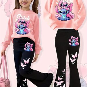 Disney Stitch en Meisjes Sweatshirt en Flare Broek Set, 2- Herfst/Winter Collectie, Comfortabele Sweatshirt met Bloemenpatroon en Elastische Broek, Perfect voor Dagelijkse Buitenactiviteiten