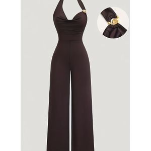 Modieuze Dames Jumpsuit met Metalen Decoratie, Slanke Pasvorm en Rugloos Design, Casual Dagelijkse Outfit voor de Zomer