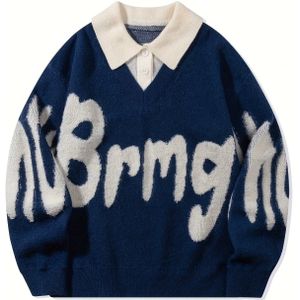 Heren- en damespullover met grafische print "" - Marineblauw, Lange Mouw, Casual Gebreide Pullover met Gespeld , Herfst- en Winterkleding, Casual Kleding|Casual Stijl|Pullover Sweater