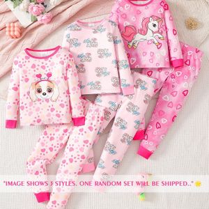 Willekeurig 1 Set Eenhoorn Hond Print Pyjama voor Meisjes, Lange Mouwen Lange Broek Set, Lente Herfst Vier Seizoenen Baby Kinderen Thuis Kleding, Terug naar School Seizoen, Halloween
