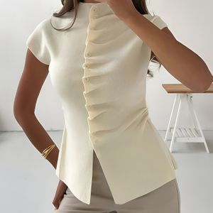 Beige Slim-Fit Elegante Hoge Hals Korte Mouw Trui - Zomerzonnewende