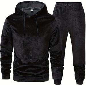 Heren Koningsblauwe Hooded Sweatshirt & Joggingbroek Set - Luxe Stretchy Velvet, Casual Streetwear, Lange Mouw, Trekkoord Capuchon, Zakken, Regular Fit, Lente/Herfst Collectie, Joggingbroek