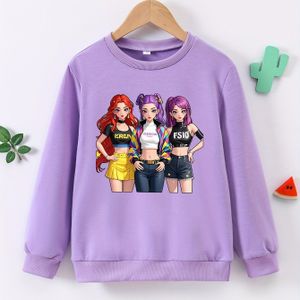 Meisjes K-Pop Groep Print Sweatshirt met -Like Karakters (Tekstvrij) - Roze Lange Mouwen Koreaanse Pop Outfit, Losse Pasvorm Lente/Herfst Trui, Schattige K-Drama Geïnspireerde Kleding