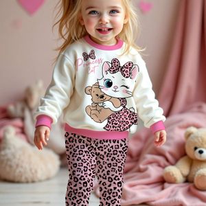 Schattige tweedelige baby meisjes set met hoodie met kattenprint & broek met luipaardprint - Knusse fleece gevoerde outfit, zachtroze & gestreept design, perfect voor herfst/winter, voor buiten.