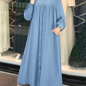Kleur Knoopsluiting Overhemdjurk, Casual Lange Mouwen Losse Maxi Jurk voor Lente & Herfst, Dameskleding
