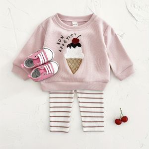 2 stuks/set voor meisjes, jongeren Cartoon Ice Cream Embroidery Zacht en comfortabel Ronde hals Baby Outdoor Casual Wear + Gestreepte lange broek voor lente en herfst, voor buiten