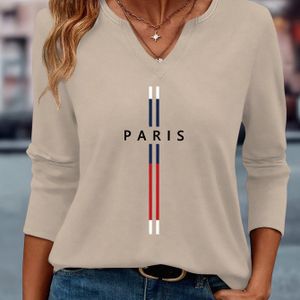 Dames Paris Lettering & Franse Motieven V-hals 3/4 Mouw Blouse - Casual Elegante T-Shirt, Medium Stretch Lente/Herfst Top, Wasmachinebestendig Parijs-Thema voor Feestjes (Presto Changisto Design)