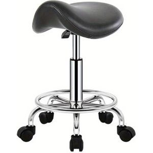 Verstelbare Hoogte Draaibaar Krukje met Voetsteun en Massagefunctie, Zwart Synthetisch Leer, 5-Wielen Basis voor Salon of Tattoovering