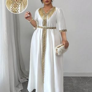 Plus Size - Elegante Plus Size Dames V-Hals Jurk met Gouden Pailletten en Kwastjes | Niet-Rekbare Stof, Strikje aan de Rug, Geschikt voor Lente/Zomer/Herfst.