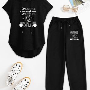 Women'-piece Set With Drawstring Sleeveless Hoodie & Letter Print Joggers - Elastic Waist, , Polyester/polyester Blend, Pocket Detail, Spring/summer