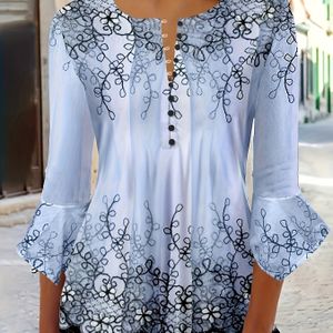 Knoopblouse Met Bloemenprint, Casual Blouse Met En Mouwen, Dameskleding