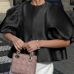 Elegante Satijnen Lanterne Korte Mouw Ronde Hals Losse Pop Top Jas