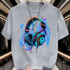 Jeugd Zomer T-shirt, 95% Polyester 5% Elastaan, Casual Ronde Hals Top met Geometrische Koptelefoon Print, Licht Rekbare Gebreide Stof, 200gsm, Regular Fit voor Tienerjongens