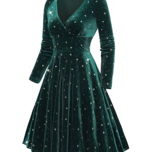 Vrouwen Polyester Sterren Print Lange Mouwen Bodycon Jurk Met V-Hals, Rekbare Stof, Elegante Stijl Voor Herfst/Winter