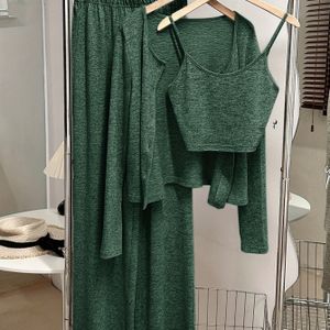 Driedelige set kleur mode lange mouw broek met bretels dames thuispak