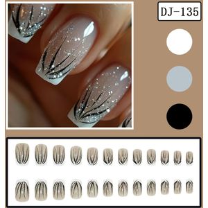 24-delige set met medium lange French Tip nagels, zwart gestreept en zilverkleurig glitterontwerp, glanzende afwerking, elegante en modieuze stijl kunstnagels.