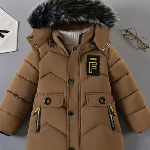 Jongens Herfst/Winter Mode Nepbontkraag Dikke Warme Pufferjas met F-Letter Patch en Zakken, Geschikt voor Buiten en Dagelijks Thuisgebruik