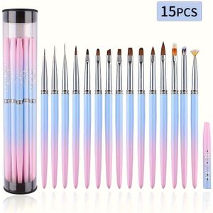 15-delige Ombre Handvat Nagelkunst Penselset - Inclusief Precisie-, Detail- & Gradiëntpenselen met Kristallen Handvatten, Formaldehyde-Vrij voor Professionele