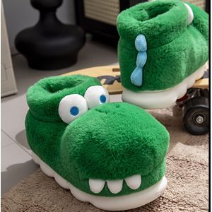 Heren Knusse Fleece Krokodil Pantoffels - Groen Cartoon Design, Warme Binnen/Buitenschoenen voor met Zachte Pluche Voering en EVA- | Geheel Schoeiselen