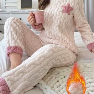 Damessterpatroon jacquard fleece dikke casual pyjamaset, top en broek met ronde hals en lange mouwen, comfortabele, ontspannen pasvorm voor herfst en winter