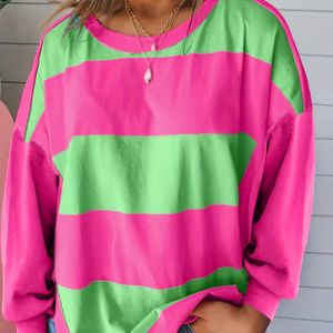 Plus Size, Dames Oversized Pastelroze & Turquoise Horizontale Trui - Lange Drop Shoulder Mouwen, Relaxed Fit Pullover voor Alledaagse Casual Outfits - Lente/Herfst Overgangskleding