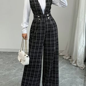 Vrouwen Parelknop Versierde Zak Wijde Pijp Jumpsuit voor Casual Gebruik en Romantische Dates, Elegante Mode (Overhemd Niet Inbegrepen)