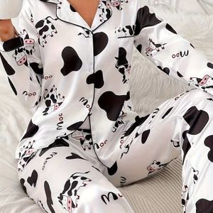 Volwassen Cartoon Koe Print Pyjama Set - Casual Polyester Geweven Lange Mouw Broek Pak met Omkeerbare Kraag voor Herfst Seizoen