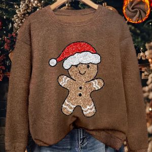 Dames Kerstmis Peperkoek Print Trui, Feestelijke Ronde Hals Pullover met Pailletten Accenten, Losse Pasvorm Winter Thermische Top, Zachte Stof Wasmachinebestendig, Elegante Commuter Stijl