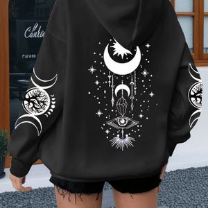 Oversized Dameshoodie met en Sterren Grafische Print, 100% Polyester Lange Mouwen Trui met Kangoeroezak, Casual Losse Pasvorm voor Alle Seizoenen