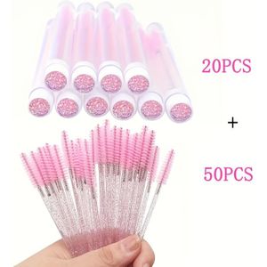 70-delige set roze wegwerp mascara borstels - Waterdichte, ongeparfumeerde wimperverlenging met 20 lege toverstafjes en 50 wimperborstels voor make-up applicatie