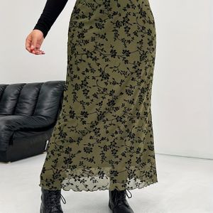 Plus Size Women'S Olijfgroene Bloemen Mesh Skirt