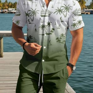 2-delige Heren Tree Print Shorts & Shirt Set - Casual Groen & Wit, Trekkoord, Zomerstrandkleding, Polyester Blend, In De Wasmachine Te Waschen, Casual Kleding|Tropische Print|Polyester Short
