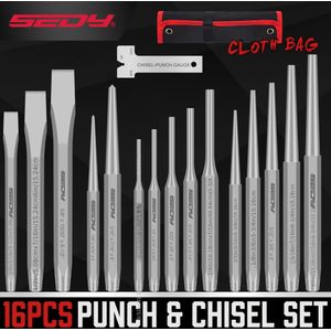 Sedy 16pcs Heavy Duty Punch And Chisel Set - Includes Cone Punch, Cold Chisel, Pinch Punch, Center Punch, Packaged In Durable Canvas Bag - Essential Manual Tool Kit For Diy Projects