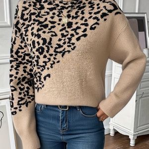 Dames Print Hoge Hals Lange Mouw Trui - Gezellig Losse Fit Pullover met Contrast Trim, Beige & Zwarte Dierenpatroon, Perfect voor Herfst/Winter Casual Wear, Print Trui