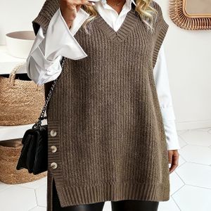 Plus Size, Elegante V-hals Trui voor Dames - Grijze Kabelkraag Cardigan met Split en Knopen Sluiting, Lente/Herfst Laaggarderobe Stukje bij Blouses, Jurken & Jeans - Rekbare Jas