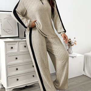 Elegante Polyester Knit Pantsuit voor Dames - Reverskraag Rits Top en Wijde Pijpen Broek Set, Kleur Blok Ontwerp, Herfst/Winter Collectie