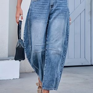 Vrouwen's High-Waist Wijde Denim Jeans - Losse Pasvorm, Knoopdetail, Lichtblauw Gewassen Stijl, Casual Streetwear Broeken voor Alle Seizoenen, Comfortabele Mode, Niet-rekbare Stof