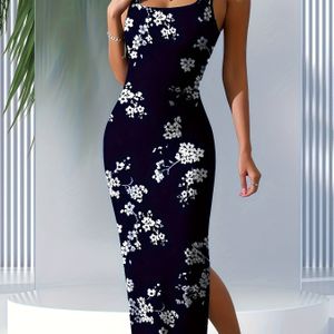 Elegante bloemenprint bodycon midi jurk met zijdelingse - marineblauw en wit bloemontwerp, vierkante halslijn, perfect voor zomerreizen