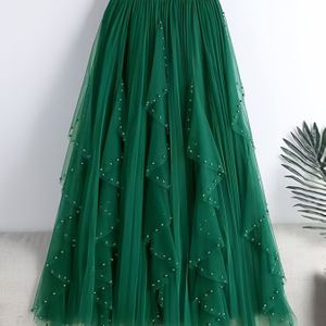 Elegante groene tule midi rok met parelversieringen - Flowy vierkante rok voor vrouwen, perfect voor lente, zomer & herfst, machinewasbaar polyester, schattige rokken