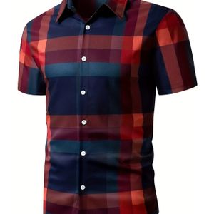 Casual Geruit Korte Mouwen Overhemd - Ademend Polyester, Knoopsluiting Kraag, Zomerse Mode, Heren, Print, Korte Mouwen, Overhemd, Zomer