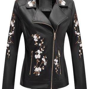 Women's Elegant Floral Pu Leather Moto Jacket - Black With White & Golden , Zip-up Long Sleeve Outerwear For Spring & Fall, Spring Outerwear | Floral Pu Leather | Intricate