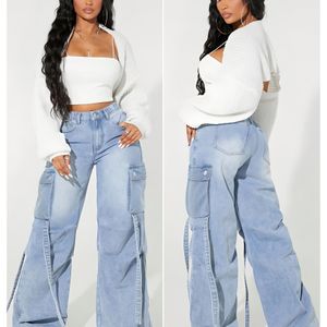 Vrouwen High-Waisted Wijdpijp Cargo Jeans - Rekbare Elastische Tailleband, Meerdere Zakken, Blauwe Denim, Y2K Hip-Hop Streetwear Stijl, Casual Broek