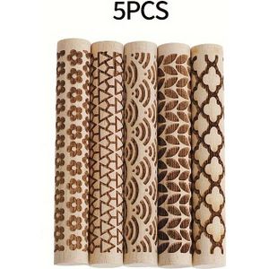 5-piece Embossed Rolling Pins Set - Wood - Patterned Dough Rollers For Baking, Pottery, Crafts - Textured Tools For Diy Projects