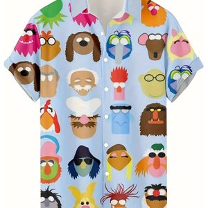 Zomerse Hawaiiaanse Casual Herenoverhemd met Cartoon Dierenprint - Ademend Polyester, Machinewasbaar, Losse Pasvorm met Reverskraag