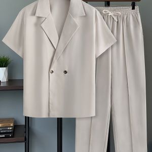 Heren Vier-Seizoenen Pakkraag Dubbelrijig Casual Korte Mouw Overhemd + Drape Vrijetijdstrekkoord Schuine Zak Losse Lange Broek Set