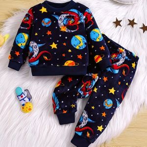 Jongens Pyjama Set Met Kerst Thema, 2-delige Outfit Met Ronde Hals En Rib-Knit Details, Medium Stretch Gebreide Stof, Pasvorm, Polyester 100%, Gezellig Winter Thuisdressing